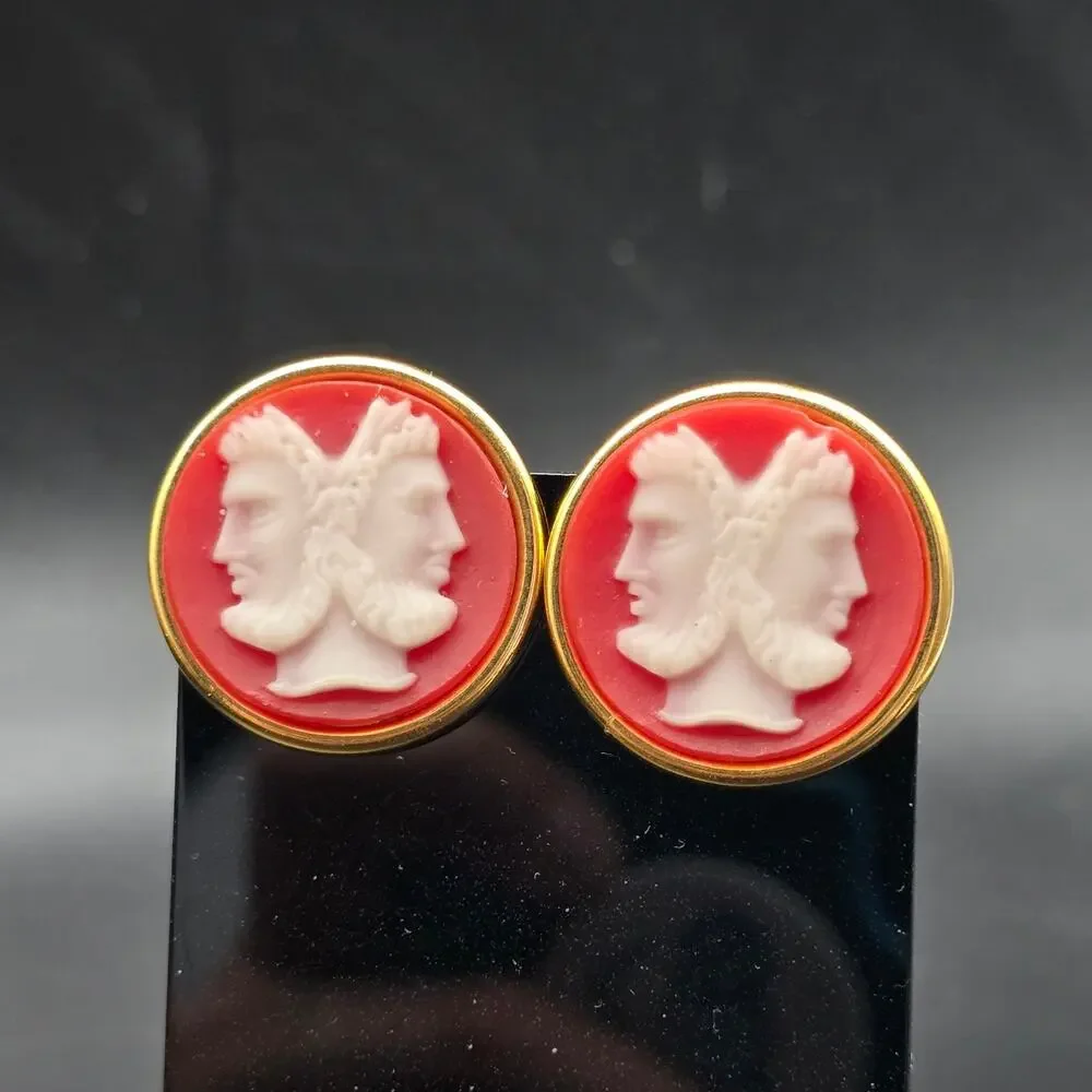 Orange Janus Cameo Cufflinks Greek Roman Gold Gold Tone Vintage NOS